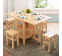Foldable Kitchen Table Set with 4 Stools - Expandable Rectangle Dining Table with Storage, Wooden Dinette for Family Meals