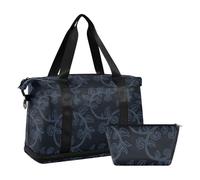 Foldable Large Bag Blue Leaves Black Pattern Carry on Bag with Adjustable Strap for Yoga