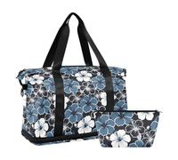 Foldable Large Bag Smog Blue Hawaii Flower Shoulder Weekender Overnight Bag with Toiletry for Trip