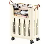 Foldable Large Dirty Clothes Basket,Slim Laundry Hamper with Lockable Wheels,Waterproof Laundry Trolley with Handle,Space Saving for Home (Beige Style A,L:19.7x15x11.3in)