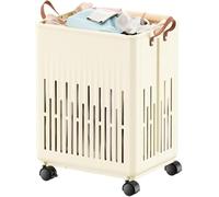 Foldable Large Dirty Clothes Basket,Slim Laundry Hamper with Lockable Wheels,Waterproof Laundry Trolley with Handle,Space Saving for Home (Beige Style B,S:19.7x15x7.9in)