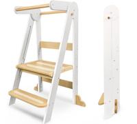 Foldable Learning Tower, Kitchen Stool for Kids with Non-Slip Design,Wooden Toddler Standing Towers with 3 Adjustable Heights & Safety Rails,Montessori Step Stool for Kitchen Counter Bathroom (White)