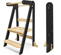 Foldable Learning Tower, Kitchen Stool for Kids with Non-Slip Design,Wooden Toddler Standing Towers with 3 Adjustable Heights & Safety Rails,Montessori Step Stool for Kitchen Counter Bathroom (Black)