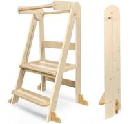 Foldable Learning Tower,Kitchen Stool for Kids with Non-Slip Design,Wooden Toddler Standing Towers with 3 Adjustable Heights & Safety Rails,Montessori Step Stool for Kitchen Counter Bathroom (Natural)