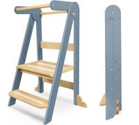 Foldable Learning Tower, Kitchen Stool for Kids with Non-Slip Design,Wooden Toddler Standing Towers with 3 Adjustable Heights & Safety Rails,Montessori Step Stool for Kitchen Counter Bathroom (Grey)
