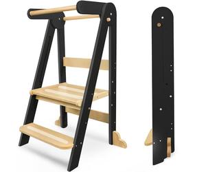 Foldable Learning Tower, Kitchen Stool for Kids with Non-Slip Design,Wooden Toddler Standing Towers with 3 Adjustable Heights & Safety Rails,Montessori Step Stool for Kitchen Counter Bathroom (Black)