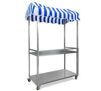 Foldable Market Cart with Striped Canopy 2 Tiered Galvanized Steel Lockable Wheels Ideal for Hotels Campuses Parks Street Food & Events 100x50cm Blue