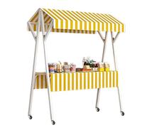 Foldable Metal Food Cart on Wheels Outdoor Rolling Vendor Display Stand with Awning Portable Market Stall for Grocery Sales Yellow Food Service Table