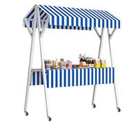 Foldable Metal Food Cart on Wheels Portable Rolling Market Stall with Awning Outdoor Vendor Display Stand for Grocery Sales Blue Food Service Table