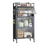 Foldable Microwave Stand & Baker's Rack with Dust-Proof Cabinet, Adjustable Feet & Rolling Casters, 4-Tier Kitchen Storage, Modern Black/White Style C