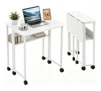 Foldable Mobile Computer Desk With Storage Shelf & Rolling Casters 60(L) X 50(W) X 75(H), White