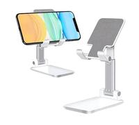 Foldable Mobile Phone Stand - Fully Adjustable Metal Desk Holder for All Smartphones - Universal Tabletop Mount with Charging Slot, Compact & Sturdy Design (White)