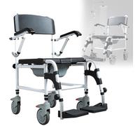 Foldable Mobile Toilet Shower Chair, Adjustable Height, Padded Seat, Lockable Casters, Bedside Wheelchair for Shower Use