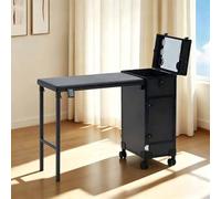 Foldable Nail Table Manicure Desk, Rolling Makeup Train Case, Lockable Nail Polish Organizer, Mobile Nail Tech Workstation, Cosmetic Trolley with Dimmable LED Mirror(C)