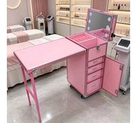 Foldable Nail Tech Desk, Rolling Portable Manicure Table, Mobile Nail Tech Workstation with Drawers& Mirror, Cosmetic Trolley for Nail Techs Salon (Pink)