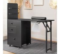 Foldable Nail Tech Table with Electric Dust Collector Lockable Wheels 2 Open Shelves Wrist Cushion Makeup Salon Desk Portable Manicure Station Black