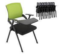 Foldable Office Chair with Arms - Stackable Conference & Training Chairs Mesh Back & Padded Seat Available in Sets of 2-12 Ideal for Seminars Classrooms & Events - Green with Writing Tablet