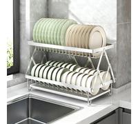 Foldable Over the Sink Dish Drying Rack, 2-Tier Stainless Steel Space-Saving Drain Rack with Drainboard and Utensil Holder for Kitchen Counter