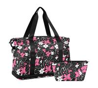 Foldable Personal Item Travel Bag Magenta White Flowers Butterfly Black Carry on Bag with Adjustable Strap for Workout