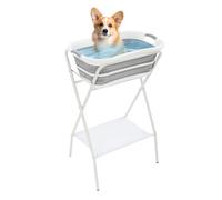 Foldable Pet Bathtub with Stand, Elevated Dog Cat Bathing Tub with Safety Belt & Drainage Outlet, Portable Grooming Tub for Small Pets, 38.8 Inch Ergonomic Height, No-Bend Design, Easy Clean
