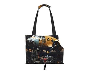 Foldable Pet Carrier, Old Mechanical Aircraft Print Dog Tote Bag, Portable Cat Shoulder Satchel, Small Animal Travel Handbag for Puppy & Kitten