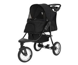 Foldable Pet Jogger Black Travel Stroller Small Medium Dog Cat Pushchair 22kg Capacity Pram Buggy Carrier 3 Tubeless Wheels Brakes Leashes Canopy Mesh Windows Basket Cup Holders Caddy Bag Rain Cover