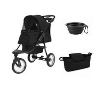 Foldable Pet Jogger Dog Cat Stroller 22kg Capacity 3 Wheel Travel Pushchair Pram Buggy with Brakes Leash Canopy Mesh Windows Basket Cup Holders Caddy Bag Rain Cover Collapsible Water Bowl Black Bundle