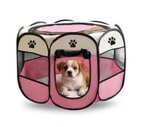 Foldable Pet Playpen, Portable Dog Cat Play Pen Indoor Outdoor Pet, Fence Breathable Mesh Pet, Soft Cage Tent, Pop-Up Design, Removable Zipper Top, for Rabbit Hamster Guinea Pig, 91*58*58CM (Pink)