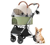 Foldable Pet Stroller - 3 in 1 Dog & Cat Stroller with Removable, 4-Wheel Design, Cup Holder & STO Basket for Small & Mum Pets, Green