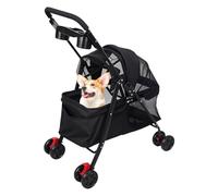 Foldable Pet Stroller Dog Pram, Lightweight Mesh Four-Wheel Cat Dog Carrier with Cup Holder, Portable Pushchair for Small Medium Dogs Puppy Cats, Travel Pet Pram for Outdoor Black