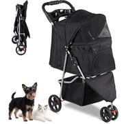 Foldable Pet Stroller for Cats and Dogs 3 Wheels Carrier Strolling Cart with Weather Cover, Storage Basket + Cup Holder