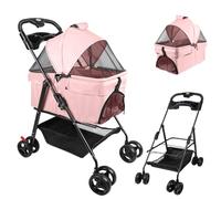 Foldable Pet Stroller for Dogs & Cats 300D Waterproof Ox Fabric 4 Wheels STO Basket & Cup Holder Portable Design 50x65x99cm -