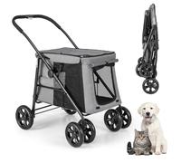 Foldable Pet Stroller for Dogs & Cats - 4-Wheel Design Breathable Canopy Mesh Windows Easy Access Doors - Ideal for Small & Medium Pets (Gray)