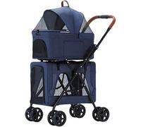 Foldable Pet Stroller for Dogs/Cats Double-Layer Pet Trolley Strollers Pushchair Great for Twin or Multiple Breathable Travel Carrier Detachable Cat Cage for (Blue) (Blue)