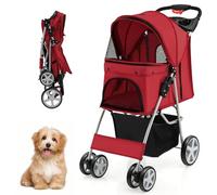 Foldable Pet Stroller for Dogs & Cats with Storage Basket and Adjustable Canopy MDF & Iron Cart Comfortable Design 81 x 44.5 x 100.5 CM (Red)