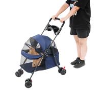 Foldable Pet Stroller with Weather Cover,4 Wheels Pet Strolling Cart for Small/Medium Dogs and Cats,Pet Stroller with Water Cup Holder and Practical Handle for Weighing 10-40 Pounds Pet (Navy Blue)