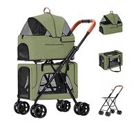 Foldable Pet Trolley Double Pet Pram Stroller for 2 Dogs/Cats, Double-Layer Cat Dog Strollers Pushchair Great for Twin or Multiple, Breathable Travel Carrier Detachable Cage (Green)
