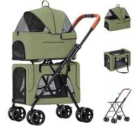Foldable Pet Trolley Doublelayer Pet Pram Stroller for 2 Dogs/Cats Cat Dog Strollers Pushchair Breathable Travel Carrier Detachable Cage (Green) (Green)