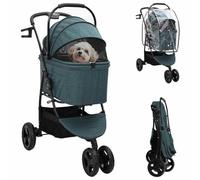 Foldable Pet Trolley Green Polyester 78 x 54 x 101 cm with Rain Cover, Mesh Window, Brake, Bag and Basket for Dogs, Cats, Puppies, Outdoor, Walking, Travel