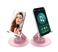 Foldable Phone Stand with Make-Up Mirror,Adjustable Cell Phone Holder for Desk 360° Rotating Cellphone Stand for Office Compatible with iPhone 16 15 14 13 12 11 Pro, Max, Mini, iPad, Tablet (pink)