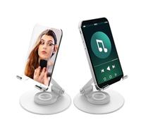 Foldable Phone Stand with Make-Up Mirror,Adjustable Cell Phone Holder for Desk 360° Rotating Cellphone Stand for Office Compatible with iPhone 16 15 14 13 12 11 Pro, Max, Mini, iPad, Tablet (white)