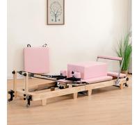 Foldable Pilates Reformer Machine For Women - Pink Oak Frame, Quiet Pulley System & Reformer Box | Multifunctional Home Gym (Pink 2500x650x750mm)
