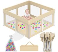 Foldable Playpen for Babies and Toddlers, 50"×50" Portable Playard with Carry Bag & 50 Ocean Balls, Indoor & Outdoor Baby Fence with Thick Mesh, No Assembly Required, Mat Not Included, Beige