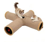 Foldable Plush Cat Tunnel with Steel Wire, Interactive Maze for Indoor Cats, Crinkle Tunnel with Multiple Openings, Space Saving for Home and Travel (Khaki)