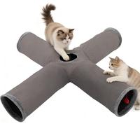 Foldable Plush Cat Tunnel with Steel Wire, Interactive Maze for Indoor Cats, Crinkle Tunnel with Multiple Openings, Space Saving for Home and Travel (Grey)