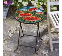Foldable Poppy Design Garden Bistro Table With Hand Painted Glass Top, Steel Frame & Non-Slip Feet - H50 X 35Cm Diameter