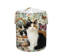 Foldable & Portable Clothes Hamper Collapsible for Storage, Lovely Cats Vintage Mid Century Kitten Drawstring Laundry Basket for Dorm, Travel, Nursery, Toy Organization 55L