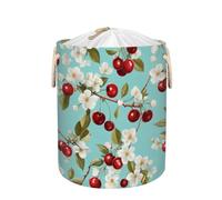 Foldable & Portable Clothes Hamper Collapsible for Storage, Red Cherries White Flowers Drawstring Laundry Basket for Dorm, Travel, Nursery, Toy Organization 55L