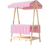 Foldable Portable Food Cart with Canopy Wooden, Food Cart Display Stand with Double Layer Storage Platform for Street Vending, Markets(Pink,140cm/55in)