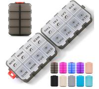 Foldable & Portable Pill Organizer 2 Times A Day with Extra Compartment - Etched Labels - Weekly 7 Day AM PM Medicine Box, W aily Travel Pill Case Dispenser for Vitamin, Supplement - Clear Black